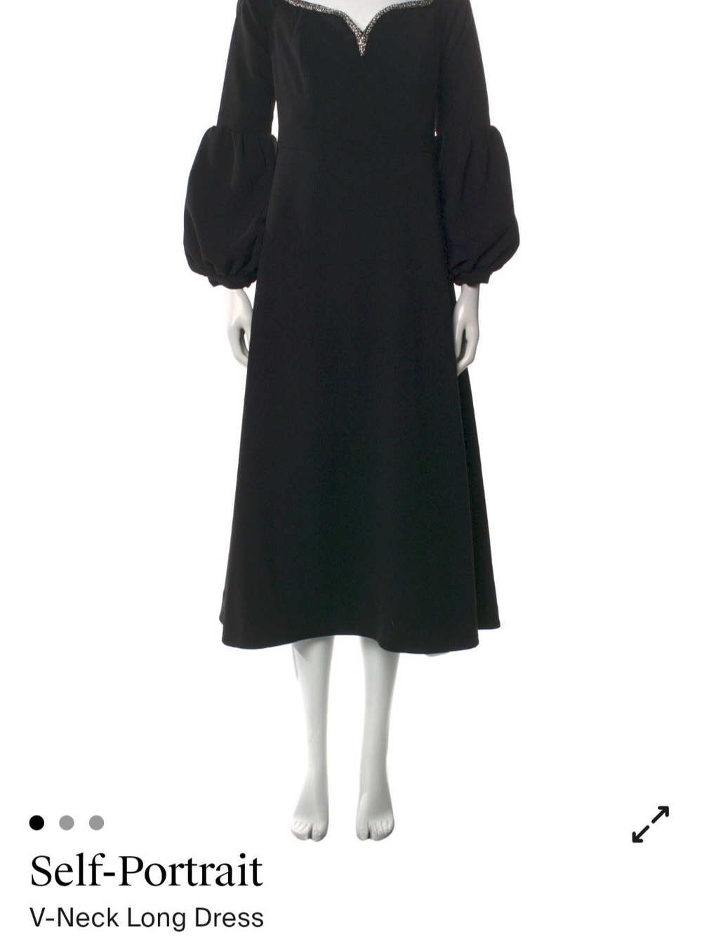 Self-Portrait Black V-Neck Midi Dress with Bishop Sleeves